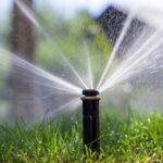 Sprinkler,Spraying,Water,On,Green,Grass,In,Garden.,Irrigation,System